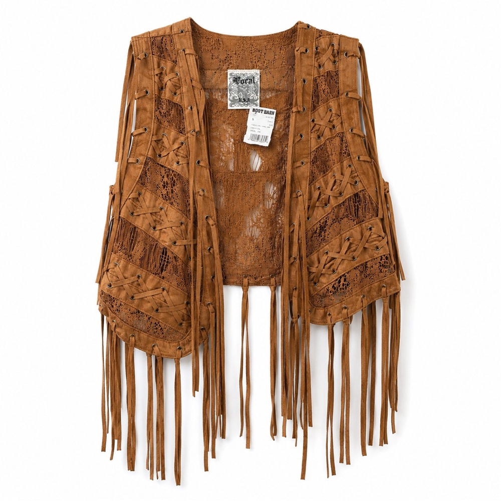 Vocal Western Fringe Vest Lace-Up Desert Festival Boho Camel Small